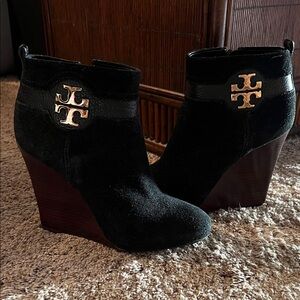 Tory Burch Black Suede Wedges with Brown Heel